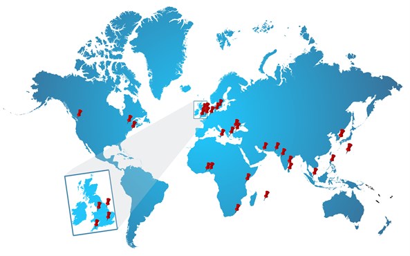 OPEN DAY - WORLD MAP - UK - Sept 2018 with pins